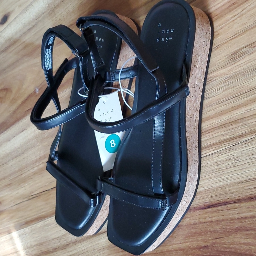 A New Day Nova cork bottom black sandals - Picture 2 of 5